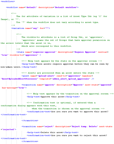 Example of some of the XML that defines the workflow behaviour in Asset Bank